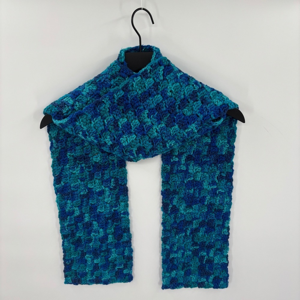 Handmade Crochet Scarf 80" x 7" Wide Blue Teal Ombre Warm‎ Winter Boho Colorful